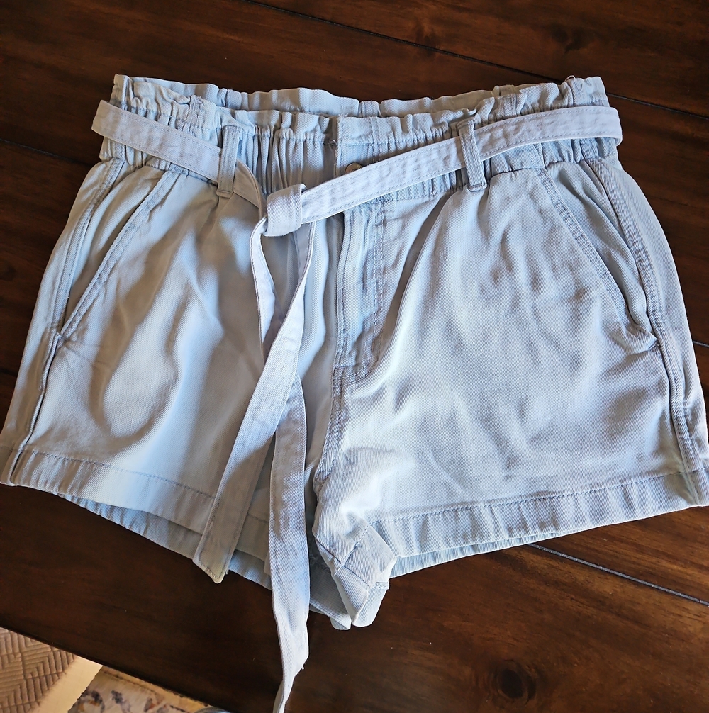 American Eagle Outfitters Light Blue High-Waist Paperbag Shorts with Tie